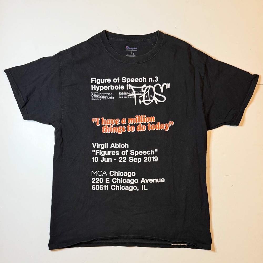 Virgil Abloh MCA Figures of Speech Off White T-Shirt Mens L Black Champion Tee